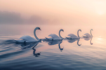 Naklejka premium Tranquil Swan Quintet Gliding Through Serene Lake at Sunrise with Reflective Waters