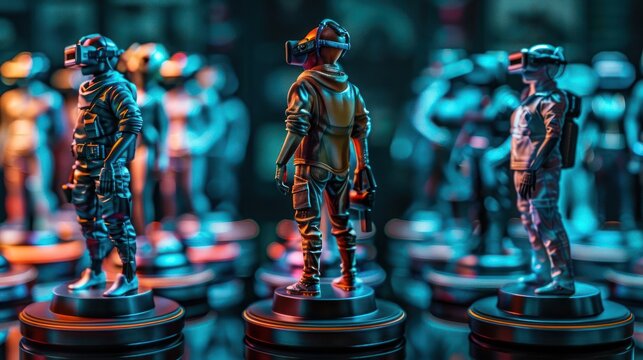 A collection of futuristic figurines wearing VR headsets, set against a vibrant background.