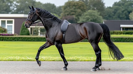 Obraz premium Dark brown stallion walking, green field, houses background, equestrian photography