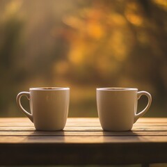 Obraz premium Two coffee cups on autumnal patio