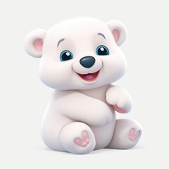 Polar bear cub with sparkling blue eyes and rosy paws resting contentedly, radiating charm for winter themed designs and kid friendly graphics