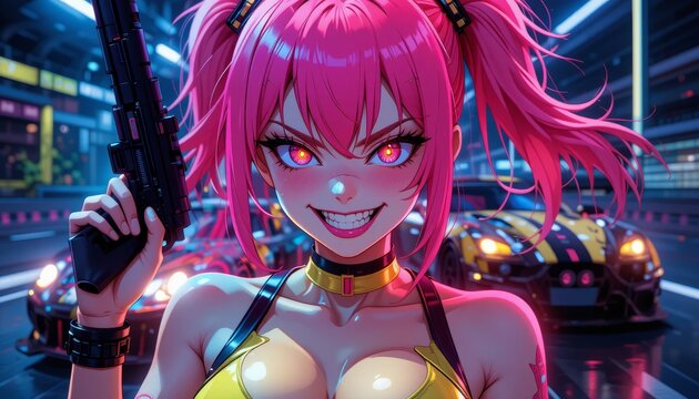 Crazy Anime Girl with a Gun in Neon-Lit Phonk Aesthetic Parking Lot