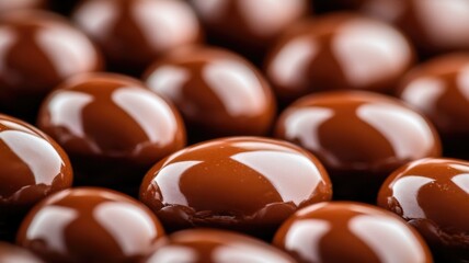 Fototapeta premium Close-up of shiny, round chocolate candies in neat rows