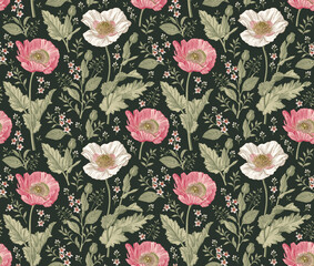 Seamless pattern. Beautiful blooming realistic isolated flowers. Vintage background fabric. Poppy Poppies wildflowers set. Wallpaper baroque. Drawing engraving sketch Vector victorian illustration © Наталья Лобенко