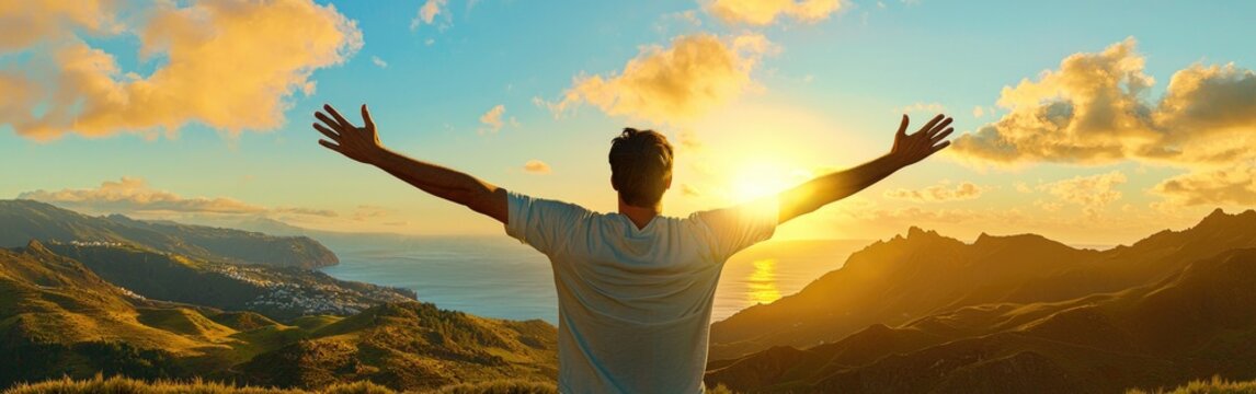 Hiker celebrates breathtaking sunset over Madeira mountains after a rewarding journey