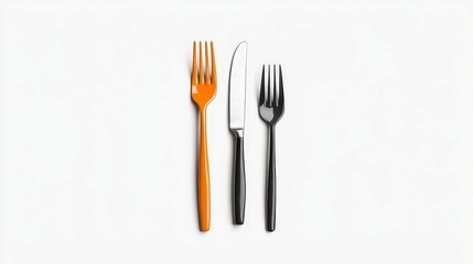Bright and Modern Cutlery Set with Colorful Forks and Sharp Knife on Clean White Background
