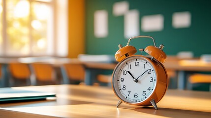 Time for Learning: A vintage-style alarm clock sits on a wooden desk in a classroom, bathed in warm sunlight streaming through a window. The clock's hands point to the start of a new day.