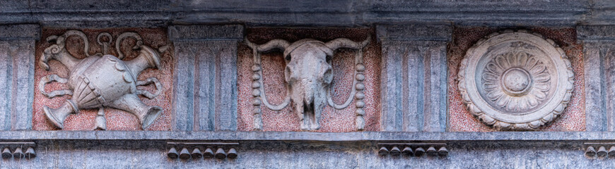 Animal skulls on the medieval houses walls