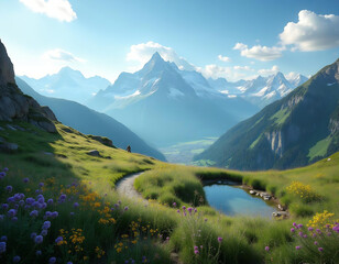 Alpine Idylle – Ein malerischer Bergpfad mit Blick auf majestätische Gipfel