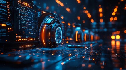 Futuristic Call Center with Holographic Displays and Advanced Headsets Assisting Customers Worldwide