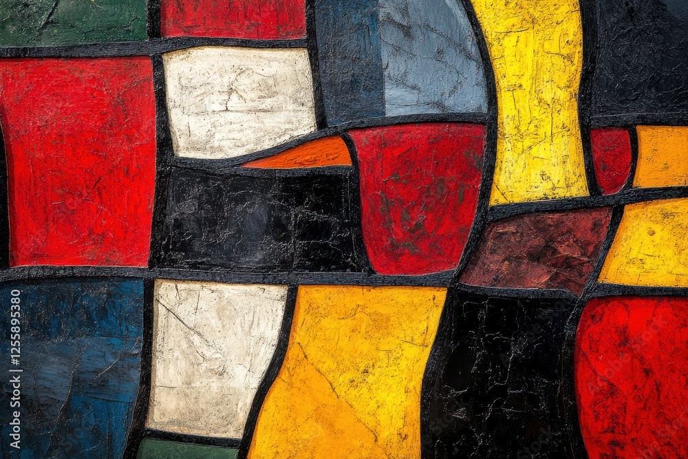 Poster Vibrant abstract art composition with bold colors in geometric shapes displayed on a textured surface