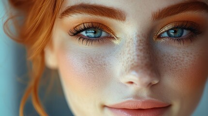 Fototapeta premium Close-up portrait of a woman with freckles and red hair, showcasing her blue eyes and subtle makeup.