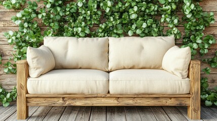 Fototapeta premium Beige couch, wooden frame, ivy wall, patio, relaxation