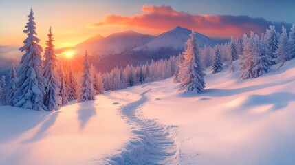 Majestic winter sunset over snow-covered mountain range with winding path.