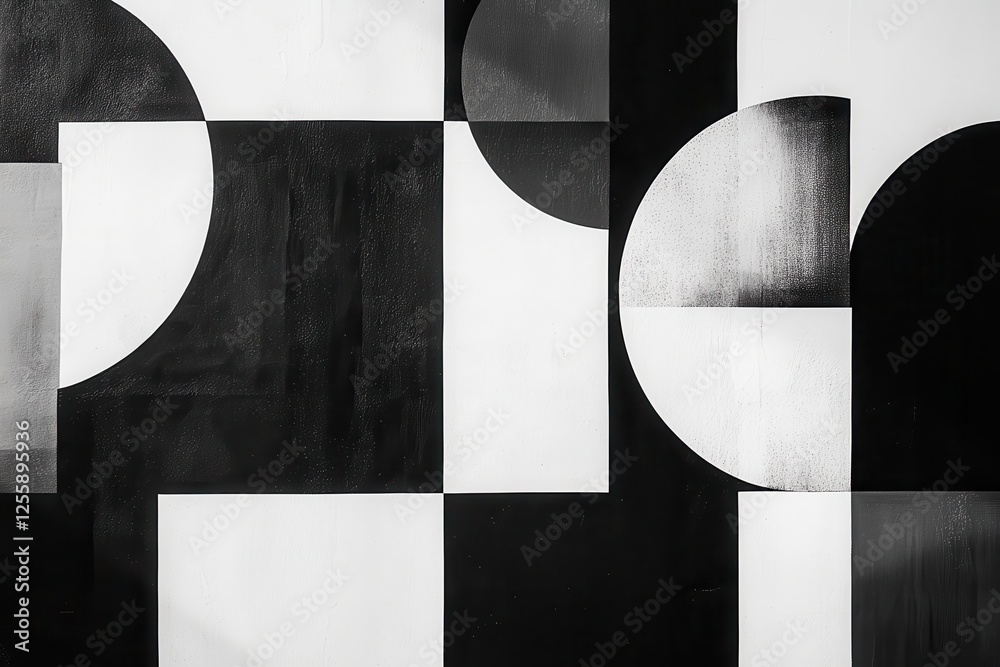 Poster Geometric black and white mural showcasing abstract shapes in a modern urban setting