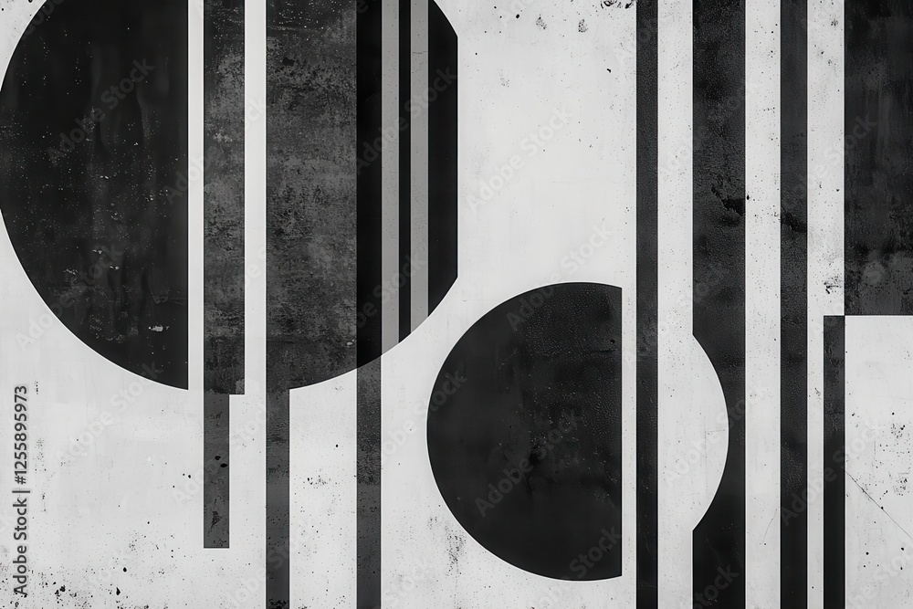 Poster geometric abstract artwork featuring black circles and lines on a textured gray background