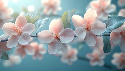 Close-Up of Pink Cherry Blossoms with Green Leaves on Soft Blue Background