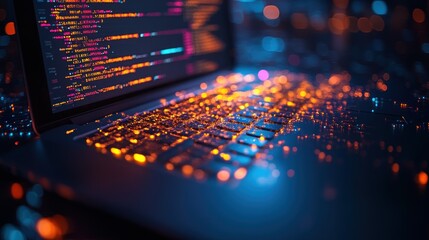 Illuminated laptop keyboard displaying code at night.