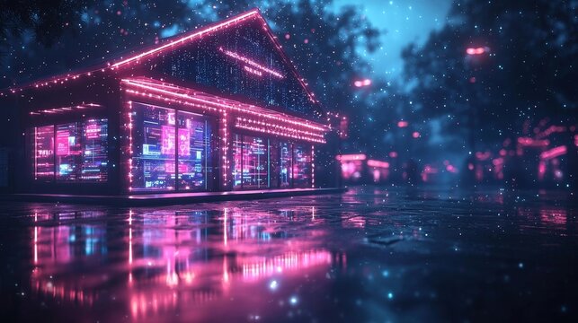 Futuristic Virtual Business Marketplace with Glowing Stalls Offering Services to Clients and Providers - Powered by Adobe