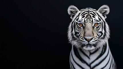 Majestic white tiger with piercing amber eyes staring intensely against a sleek black background, symbolizing power, elegance, and the rare beauty of wildlife