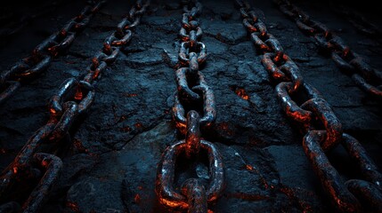 Rusty Chains on Dark Stone Surface with Glowing Highlights