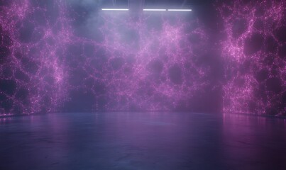 Naklejka premium A futuristic, abstract environment with glowing pink neural patterns and a reflective floor, creating a high-tech, immersive atmosphere.