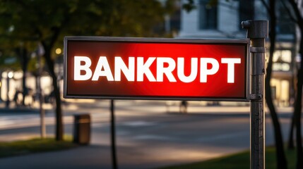 Illuminated Sign Indicating Financial Bankruptcy in Urban Setting