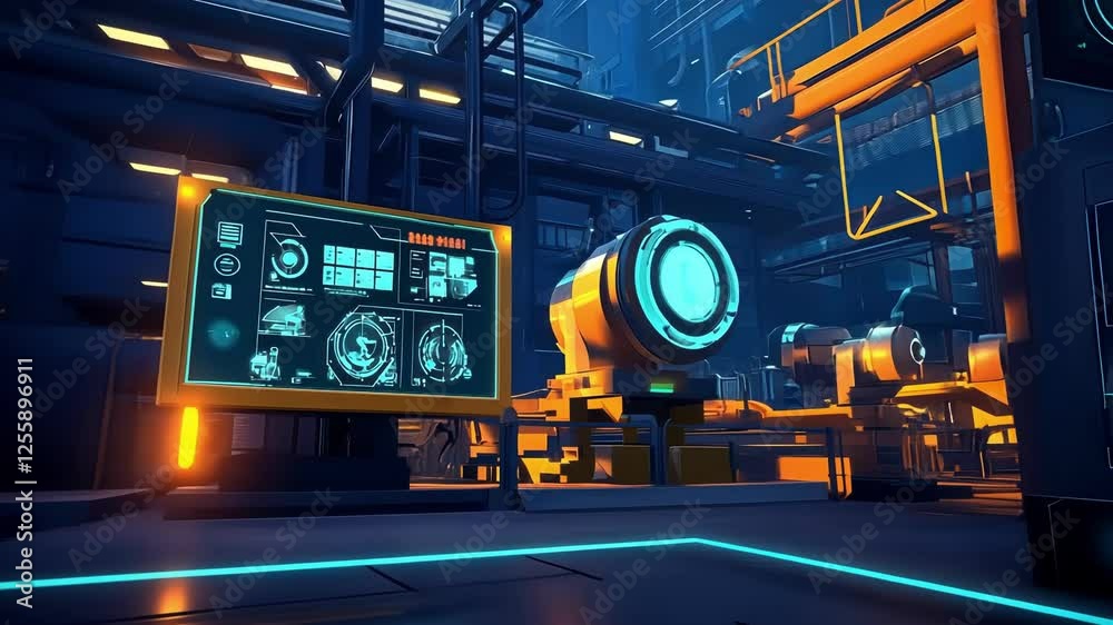 Poster futuristic industrial factory control room with digital screens displaying data and diagrams, monito