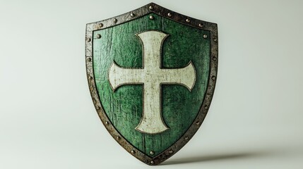 Vintage green shield with white cross, displayed against a neutral background, evoking historical themes