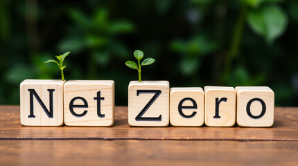 wooden blocks spelling Net Zero with a green plant growing on top