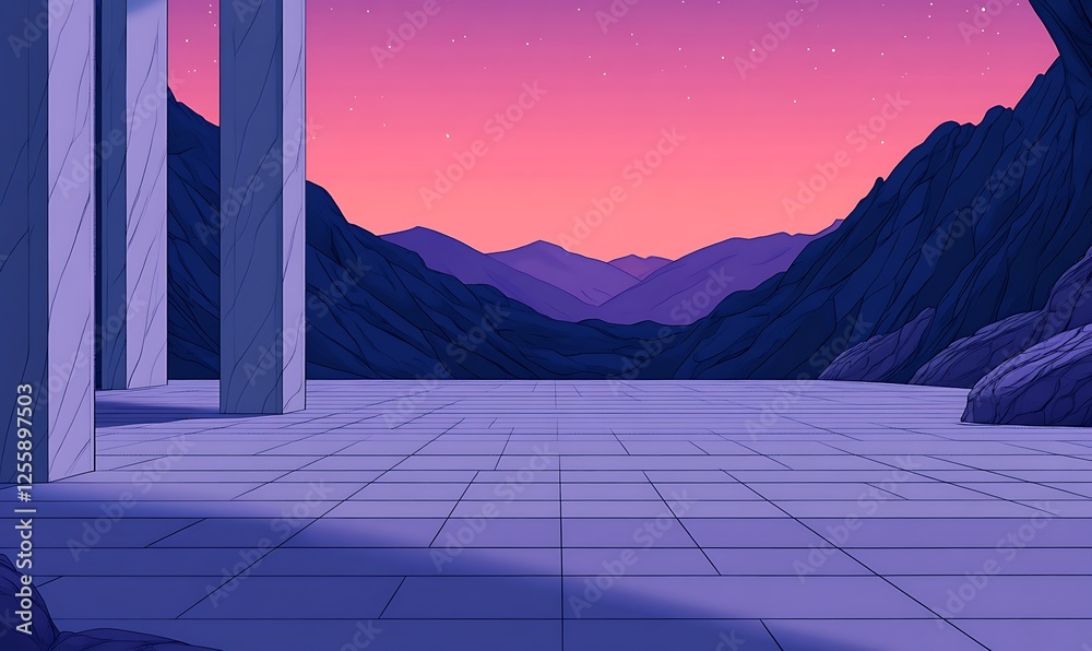 Poster a serene landscape featuring a twilight sky, distant mountains, and a stone structure, evoking a sen