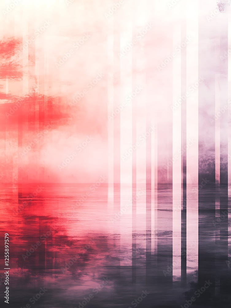 Poster a serene blend of red and white hues, creating a misty landscape with reflective elements, evoking a