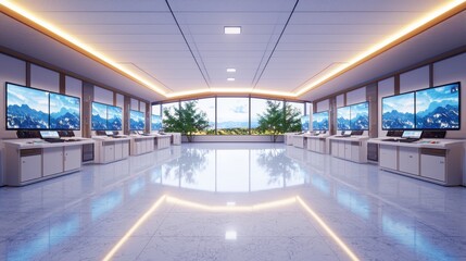 Innovative computing space with streamlined desktop systems modern office digital environment panoramic view advanced concepts for enhanced productivity