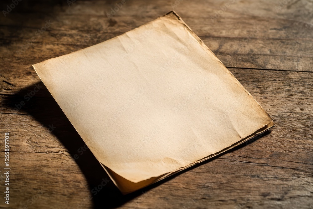Leinwandbilder Blank aged paper resting on a rustic wooden table creating a nostalgic ambiance in a cozy indoor setting