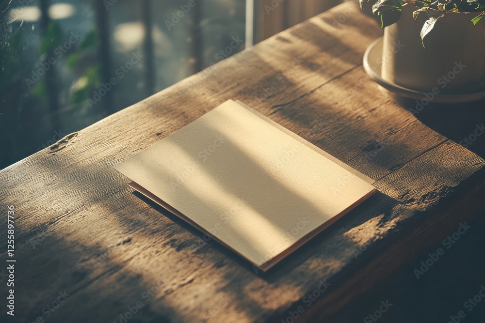 Poster sunlight casts shadows on blank stationery resting on a rustic wooden table with a potted plant near