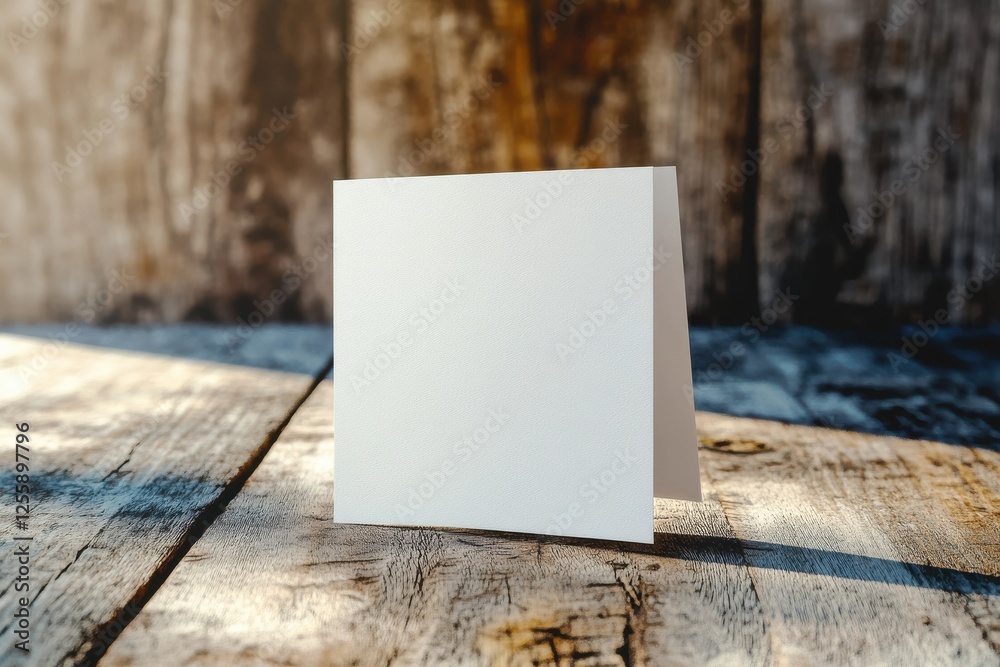 Poster blank card placed on weathered wooden surface with warm sunlight illuminating the scene in a cozy se