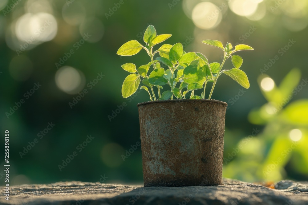 Poster fresh green seedlings thrive in a rustic pot under soft sunlight in a tranquil garden setting