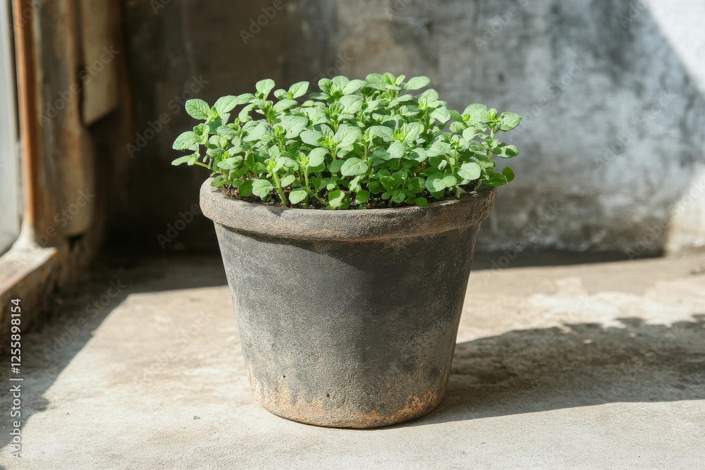 Aufkleber fresh green herbs growing in a clay pot beside a sunlit window in a rustic setting