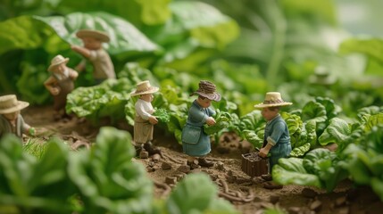 Obraz premium Miniature figures tending to a lush green vegetable garden.
