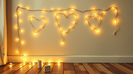 Classic oil painting of heart-shaped string lights on a wall, warm glow, floor decor, high-resolution, professional photography, rich textures, visible brushstrokes, sharp focus on the lights, 