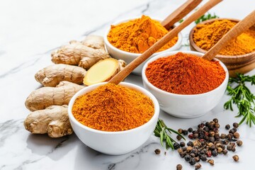 Exploring antiinflammatory benefits of turmeric and ginger roots kitchen counter food photography bright environment overhead view health concepts