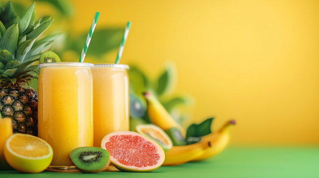 Refreshing tropical fruit smoothies with fresh ingredients on a vibrant summer background, perfect for health blogs, juice bar advertisements, wellness promotions, and nutrition articles