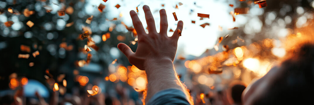 Hand Reaching Upward in Falling Confetti at Outdoor Event