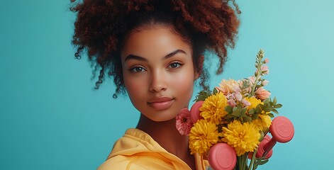  Person in Yellow Hoodie Holding Flowers and Pink Weights Against Blue Background