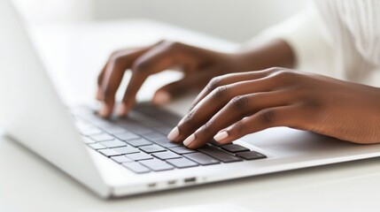 Close up of black woman typing on a laptop keyboard for work task