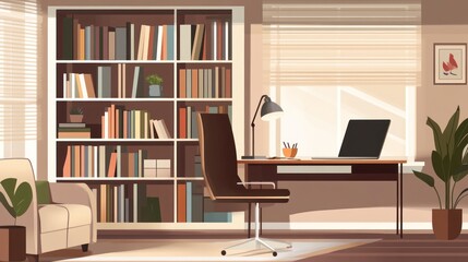 Fototapeta premium Cozy Home Office Illustration with Bookshelf and Natural Lighting