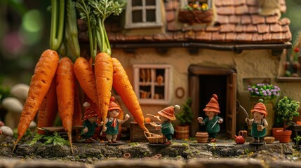 A whimsical scene featuring miniature figures harvesting large carrots near a charming cottage.