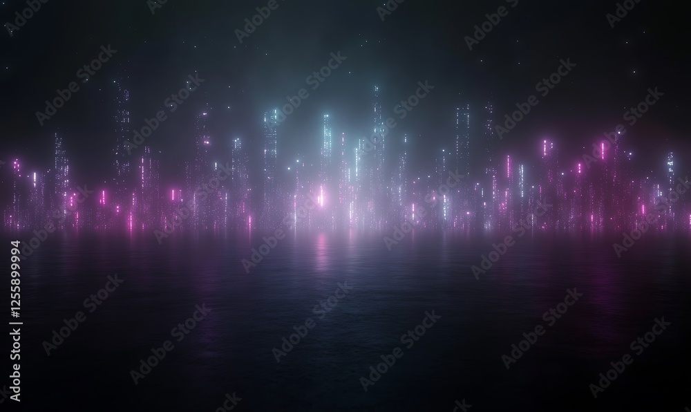 Poster a mesmerizing digital landscape with vibrant pink and blue lights, creating an ethereal glow against