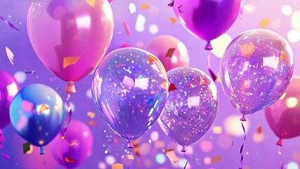 Festive balloons in shades of pink and purple fill the air while shimmering confetti falling around, creating a lively atmosphere for a celebration