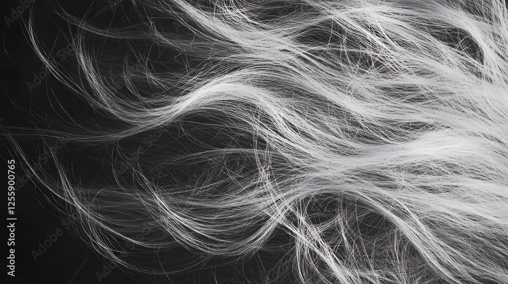 Poster flowing wispy strands of ethereal silky hair create a dynamic abstract pattern against a minimalist 